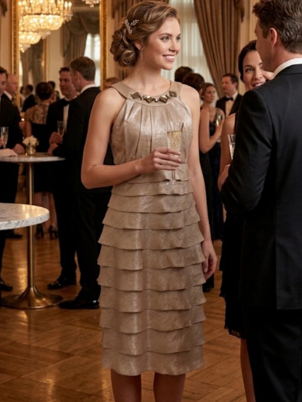 Tiered Ruffle Champagne Metallic  Dress with Embellished Neckline